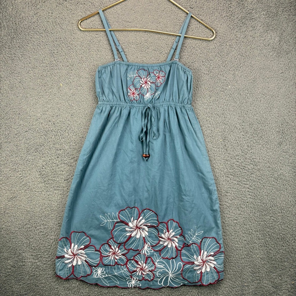 Southern Thread Womens XS Blue Floral Embroidered Cotton Empire Waist Mini Dress